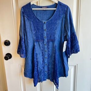 NWT Roaman's Women's Plus Size Acid Wash Tunic Blouse Size 12W Cottagecore Boho